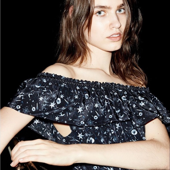 The Kooples Off the Shoulder Silk Dress Tattoo Print star Black Size XXS - Picture 11 of 12